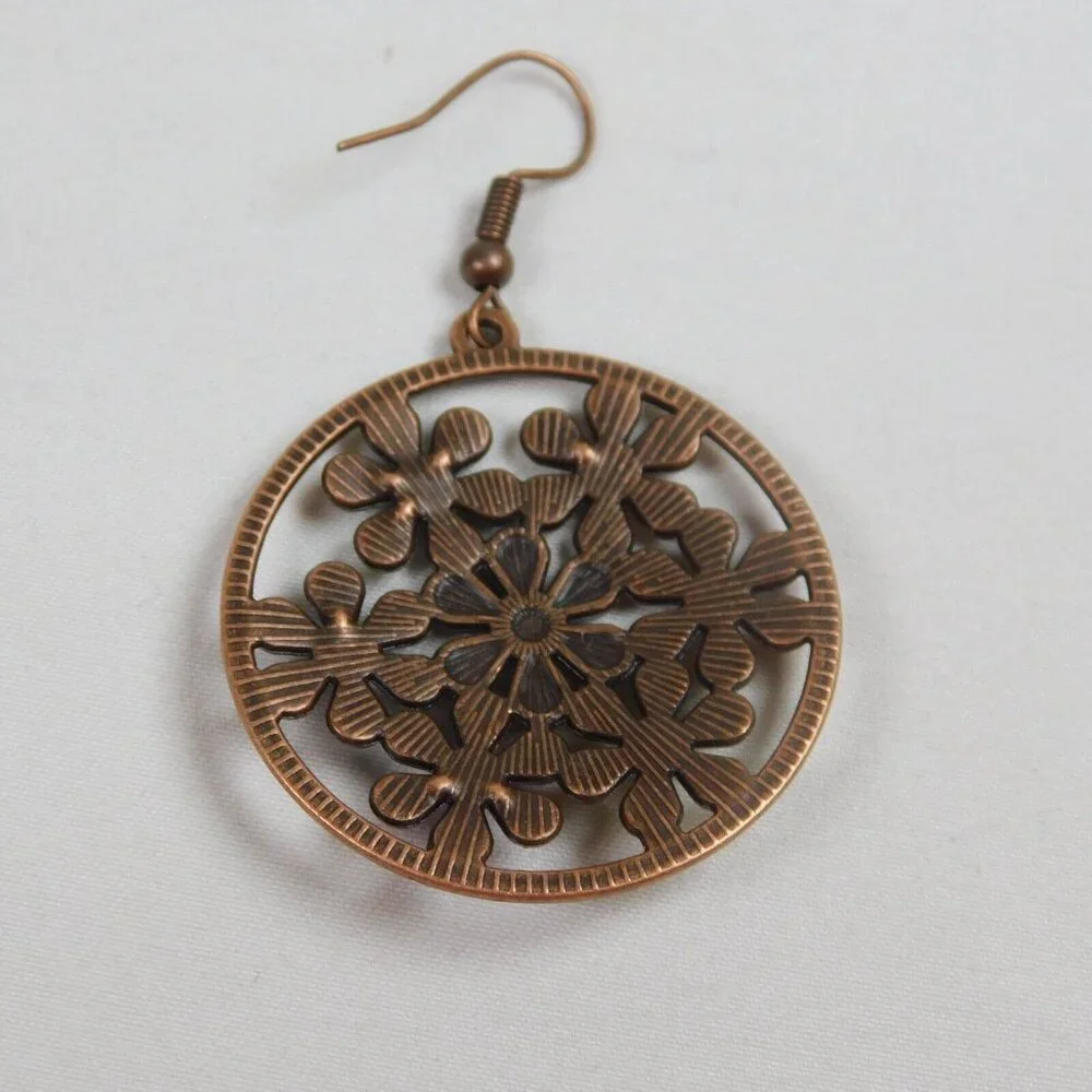 Flower Power Boho Bronze Tone Round Drop Earrings Multicolor Cutout 2.25" Dia - Picture 4 of 7